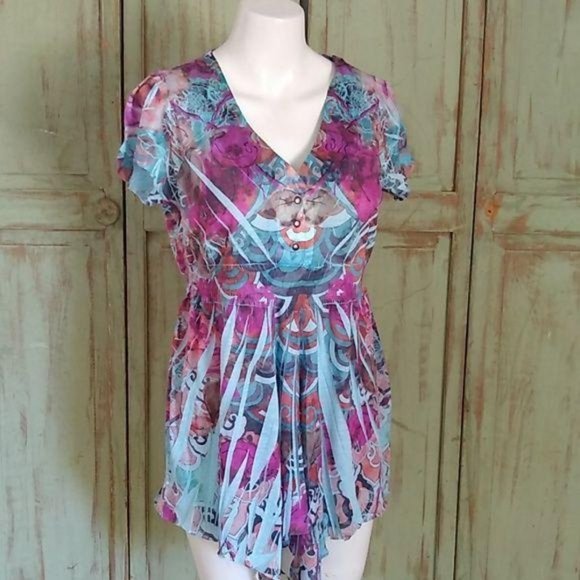 Unity World V Neck Crinkle Top Tunic Boho Blue S - Picture 1 of 6